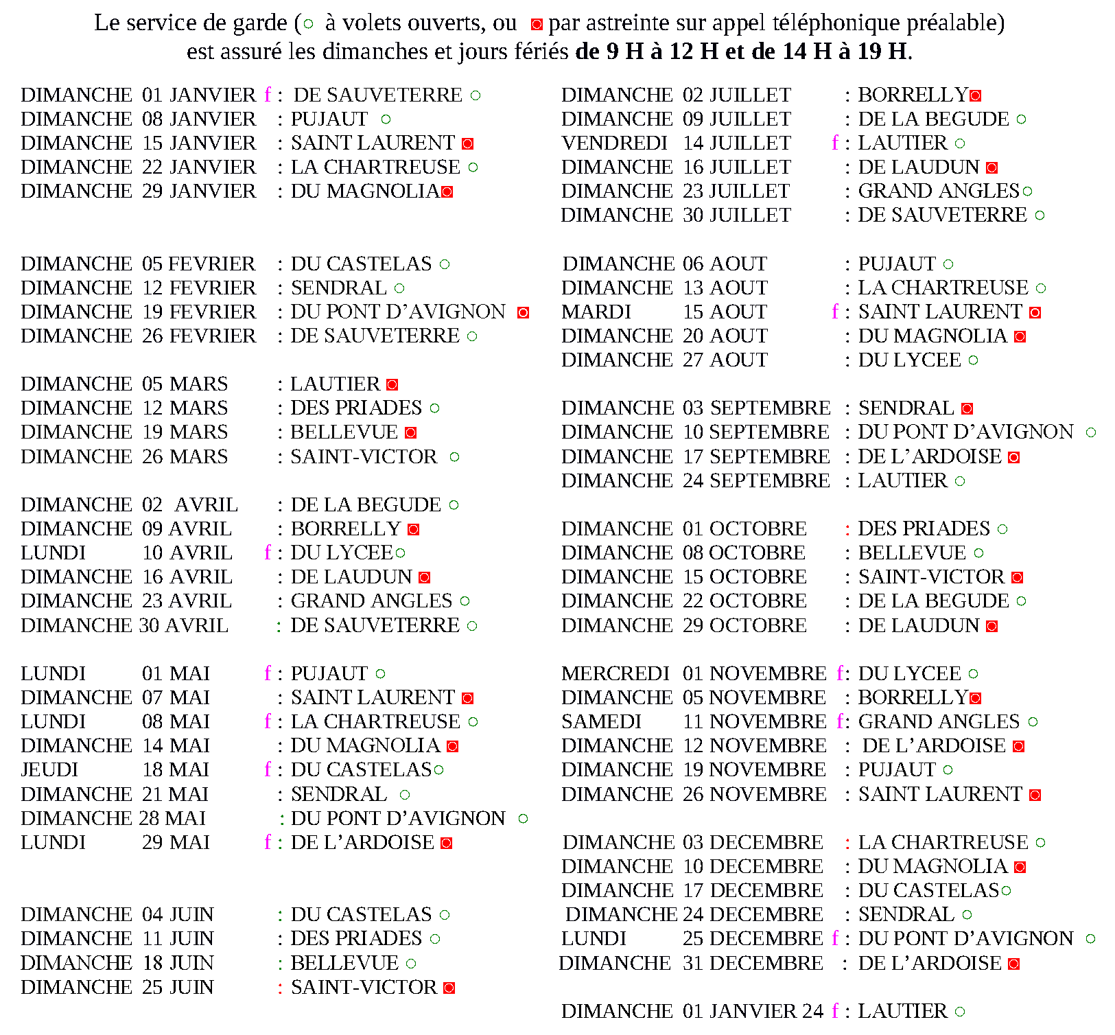 Calendrier Gardes 2023