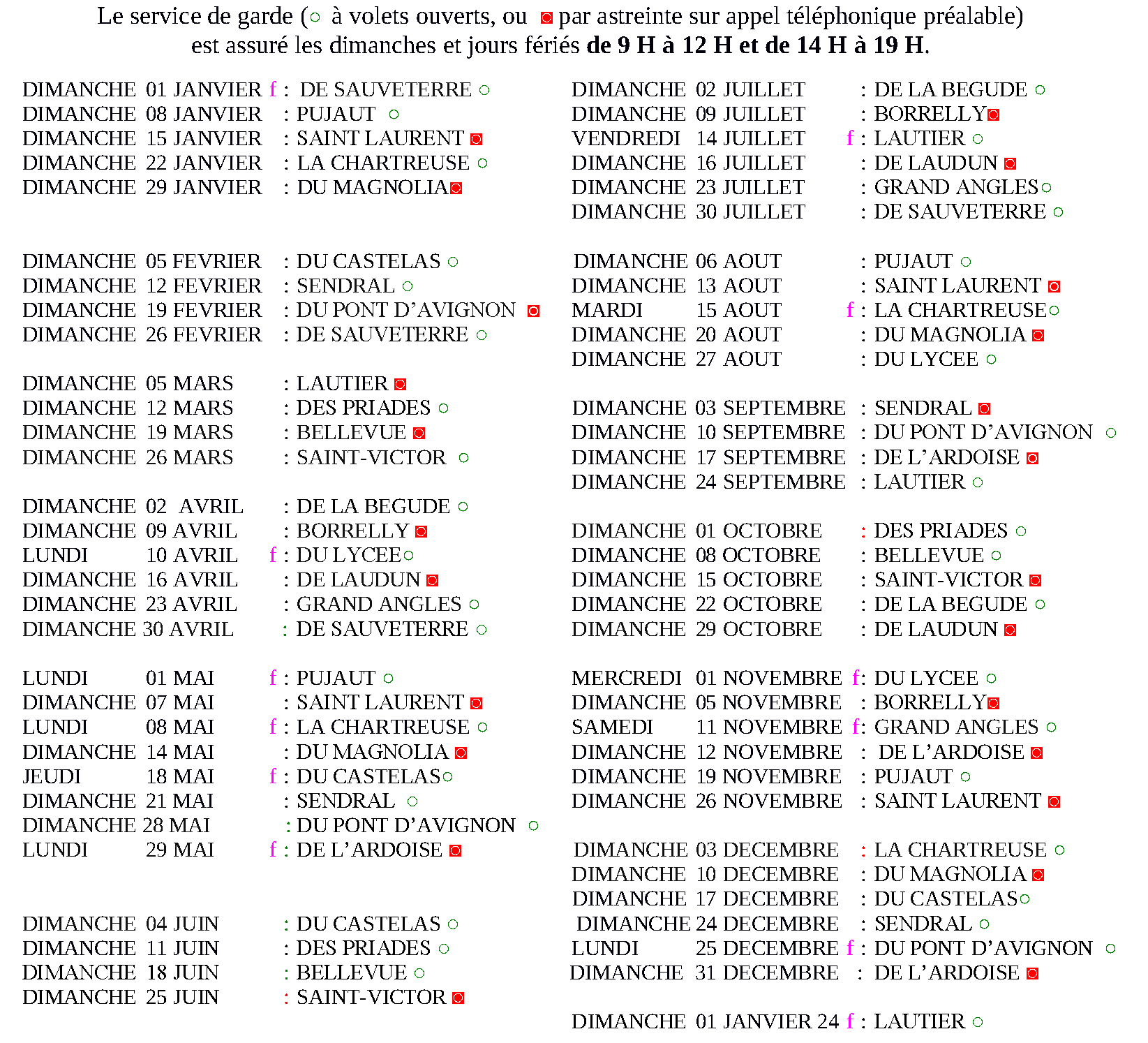 Calendrier Gardes 2023